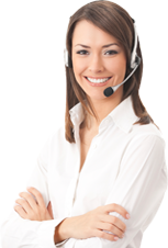 A young brunette woman wearing a telephone headset