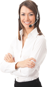 A young brunette woman wearing a telephone headset